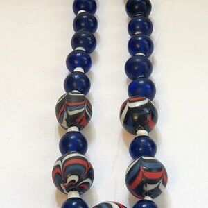Rosetta Chevron  Millefiori Multicolor Deep Blue Glass Necklace 10"{ Doubled }